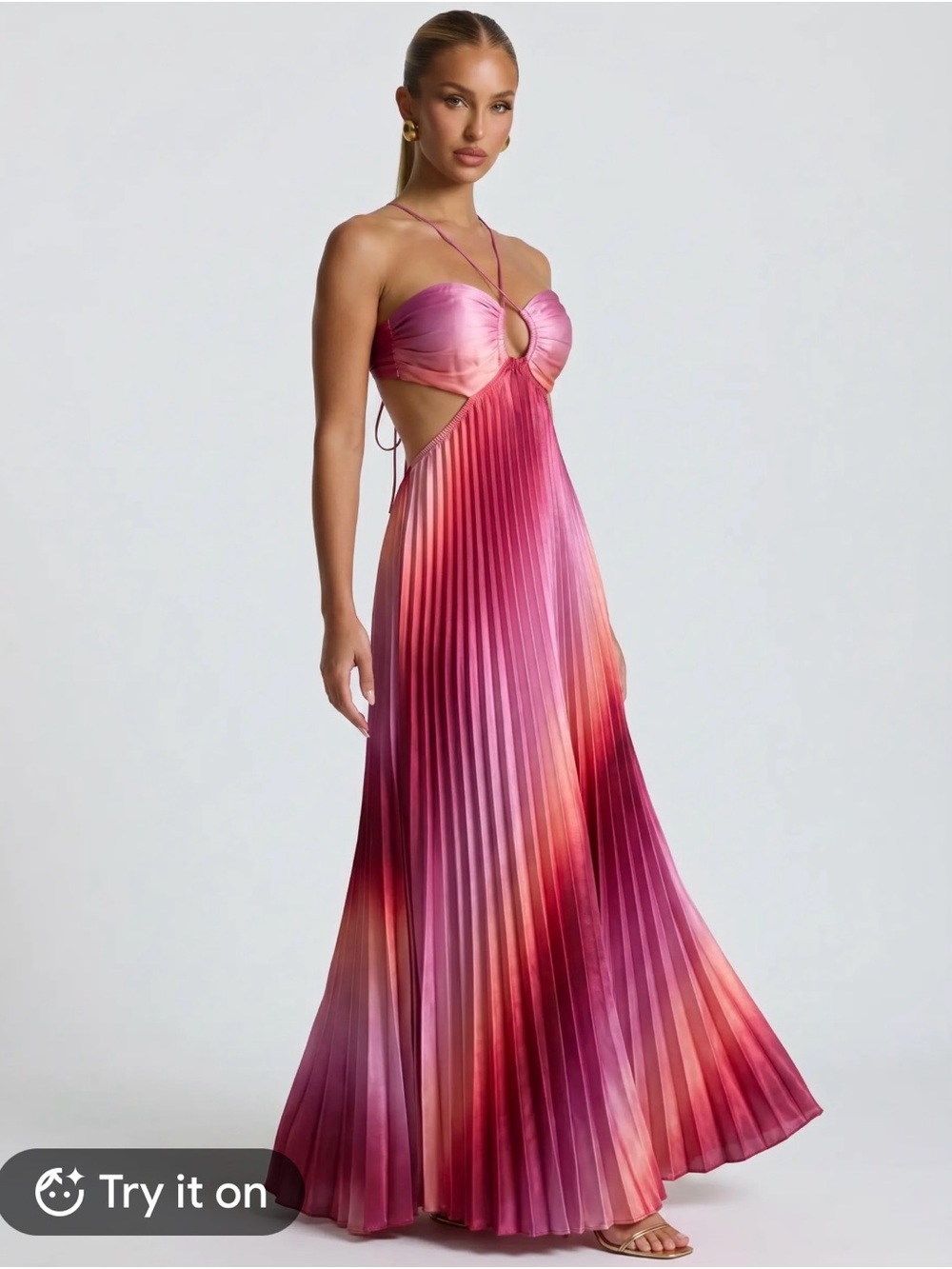 Tik Tok Viral Ombre Pink Cutout Pleated Maxi Dress